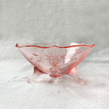 Load image into Gallery viewer, Vintage Pink Depression Glass LAC32 three 3 Satin frosted Toed Footed Bowl Scalloped Edge Etched Flowers Leaves Lancaster Glass Co. Smooth Candy Nuts Catchall UniTrinket Vanity Dresser Cotton Balls Bath Bomb Glassware Tableware Home Decor Shabby Chic Cottage Wedding Shower Elegant Bridal Flea Market Style Housewares Serving Entertain Bowl Trinket Gift Freelton Hamilton Antique Mall Community Shop Store Toronto Canada Seller Reseller Unique 1930s
