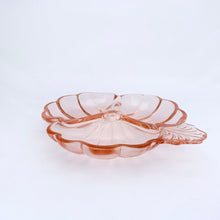 Load image into Gallery viewer, A lovely little vintage pink pressed glass &quot;Doric&quot; three-part divided dish in the shape of a 3 leaf clover. Perfect for nuts and candies, or use as a trinket dish. Produced by the Jeannette Glass Company  In excellent condition with no chips or cracks.  Measures 6&quot; x 7&quot; x .75&quot;
