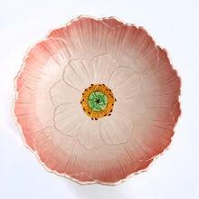 Load image into Gallery viewer, A lovely vintage pink serving bowl in the shape of a buttercup flower. It&#39;s pretty pink interior is punctuated with a yellow and green centre. Produced by Royal Winton Grimwades, England, circa 1930.  In excellent condition, no chips or cracks. Crazing present.  Measures 9-1/4&quot; x 3&quot;
