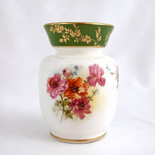 Load image into Gallery viewer, Sweet hand painted antique bud vase decorated with pink poppies and finished with a green band overpainted with gold flowers and trim. Produced by Royal Doulton, England, between 1901 until 1922.  In excellent condition, free from chips/cracks/repairs. Backstamp present, see photos.  Measures 2 1/4 x 3 1/8 inches
