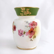Load image into Gallery viewer, Sweet hand painted antique bud vase decorated with pink poppies and finished with a green band overpainted with gold flowers and trim. Produced by Royal Doulton, England, between 1901 until 1922.  In excellent condition, free from chips/cracks/repairs. Backstamp present, see photos.  Measures 2 1/4 x 3 1/8 inches
