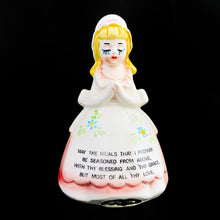 Load image into Gallery viewer, Vintage pink prayer lady bell. Produced by Enesco for Giftcraft, Japan, circa 1950s. A sweet kitsch kitchen collectible!  In excellent vintage condition, free from chips/cracks/repairs. Minor flea bit to the inside rim.  Measures approximately 4-1/2&quot; tall
