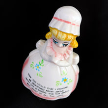 Load image into Gallery viewer, Vintage pink prayer lady bell. Produced by Enesco for Giftcraft, Japan, circa 1950s. A sweet kitsch kitchen collectible!  In excellent vintage condition, free from chips/cracks/repairs. Minor flea bit to the inside rim.  Measures approximately 4-1/2&quot; tall
