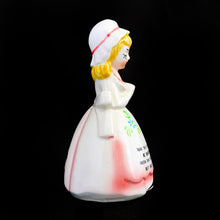 Load image into Gallery viewer, Vintage pink prayer lady bell. Produced by Enesco for Giftcraft, Japan, circa 1950s. A sweet kitsch kitchen collectible!  In excellent vintage condition, free from chips/cracks/repairs. Minor flea bit to the inside rim.  Measures approximately 4-1/2&quot; tall
