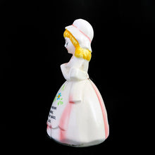 Load image into Gallery viewer, Vintage pink prayer lady bell. Produced by Enesco for Giftcraft, Japan, circa 1950s. A sweet kitsch kitchen collectible!  In excellent vintage condition, free from chips/cracks/repairs. Minor flea bit to the inside rim.  Measures approximately 4-1/2&quot; tall
