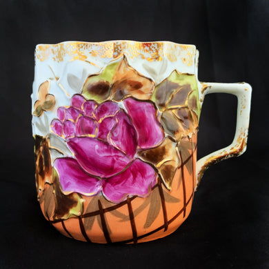 Vintage white porcelain shaving mug with slip trail design hand painted in gold, dark pink rose and crimped gold rim and personalized in gold with 