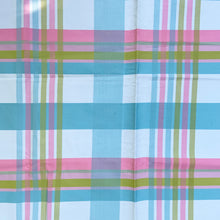 Load image into Gallery viewer, Remnant of Bloomcraft cottage style pastel plaid on white striped fabric, 50% fortrel poly / 50% cotton. Produced by  Fiber Industries Inc. Machine washable/dryable.  Perfect for craft projects, pillows or small window covering.  In excellent condition with original label.  Measures 50&quot; x 24&quot;
