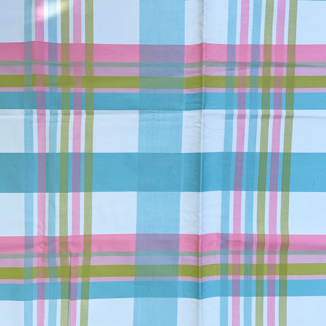 Remnant of Bloomcraft cottage style pastel plaid on white striped fabric, 50% fortrel poly / 50% cotton. Produced by  Fiber Industries Inc. Machine washable/dryable.  Perfect for craft projects, pillows or small window covering.  In excellent condition with original label.  Measures 50