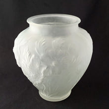 Load image into Gallery viewer, A stunning pressed satin glass vase embossed with flowers and foliage of the poppy plant. This piece is from the &quot;Martele&quot; line, designed by Reuben Haley who was inspired by René Lalique. Produced by the Phoenix, Consolidated Glass Company, Coraopolis, Pennsylvania, circa 1930s.  In excellent condition, no chips or cracks.  Measures 7 1/2 x 8 1/2 inches
