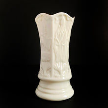 Load image into Gallery viewer, Classic vintage off-white porcelain panelled vase with embossed florals with scalloped edge finished in gold. Produced by Belleek Pottery, Ireland, between 1980 - 1993 as a souvenir.  In excellent condition, free from chips/cracks.  Measures 4&quot;
