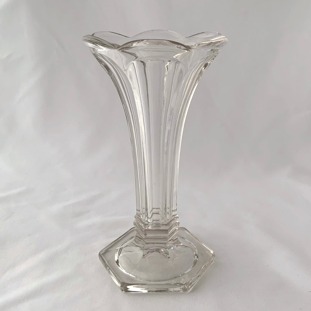 Vintage Clear Pressed Glass Trumpet Shaped Vase Scalloped Edge flower bouquet shabby chic flea market style home decor Glassware Tableware Decorative Hamilton Freelton Antique Mall Toronto Canada Shop Store Community Seller Reseller Vendor Sustainable Housewarming Gift