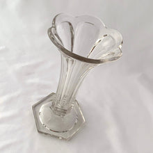 Load image into Gallery viewer, Vintage Clear Pressed Glass Trumpet Shaped Vase Scalloped Edge flower bouquet shabby chic flea market style home decor Glassware Tableware Decorative Hamilton Freelton Antique Mall Toronto Canada Shop Store Community Seller Reseller Vendor Sustainable Housewarming Gift
