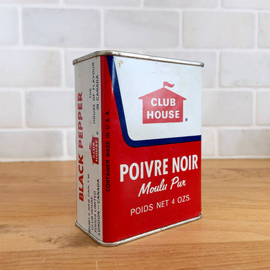 Large red, white and blue vintage tin of Club House pure ground pepper. Produced by Produced by Club House Food Limited, Canada, 1967.  Partially used. In vintage condition.  Measures 2 3/4 x 1 5/8 x 3 5/8 inches