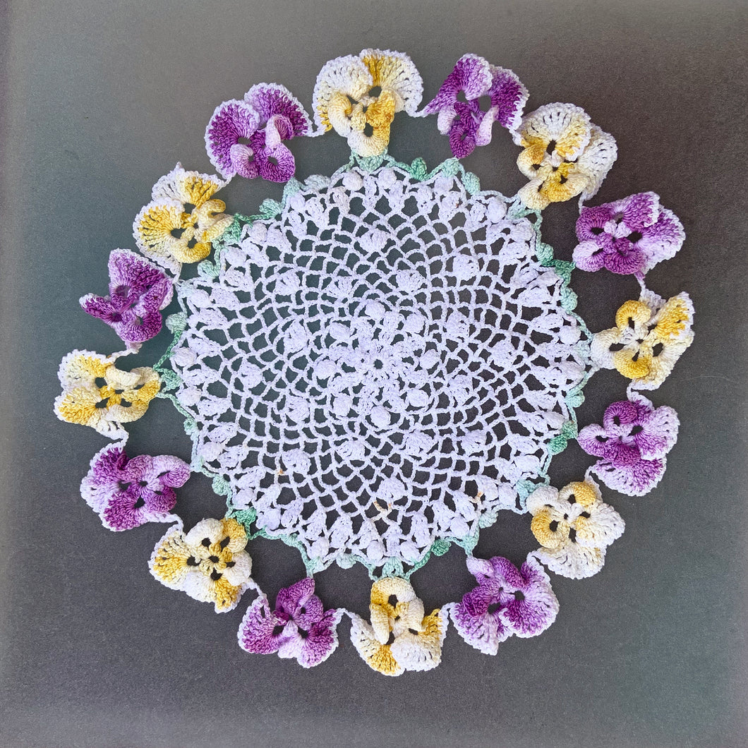 Vintage Hand Crocheted White Doily w/ Purple and Yellow Pansies
