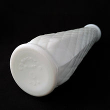 Load image into Gallery viewer, Tall and elegant vintage white milk glass 8-1/2&quot; floral bud vase with a paneled quilted diamond pattern. Produced by the E.O. Brody Glass Company.  In excellent condition, free from chips/cracks.  Measures 2-5/8&quot; x 8-1/2&quot;
