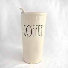 Load image into Gallery viewer, Authentic Rae Dunn ceramic travel mug &quot;COFFEE&quot;. Marked on the bottom &quot;Rae Dunn Artisan Collection by Magenta 214&quot;. Great for those long commutes or country drives.  In excellent condition, no chips or cracks.  Measures 3-1/2&quot; x 6-1/4&quot;
