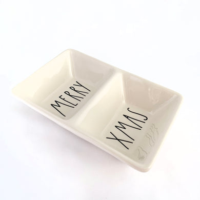 Rae Dunn Artisan Collection divided ceramic dish featuring the words 
