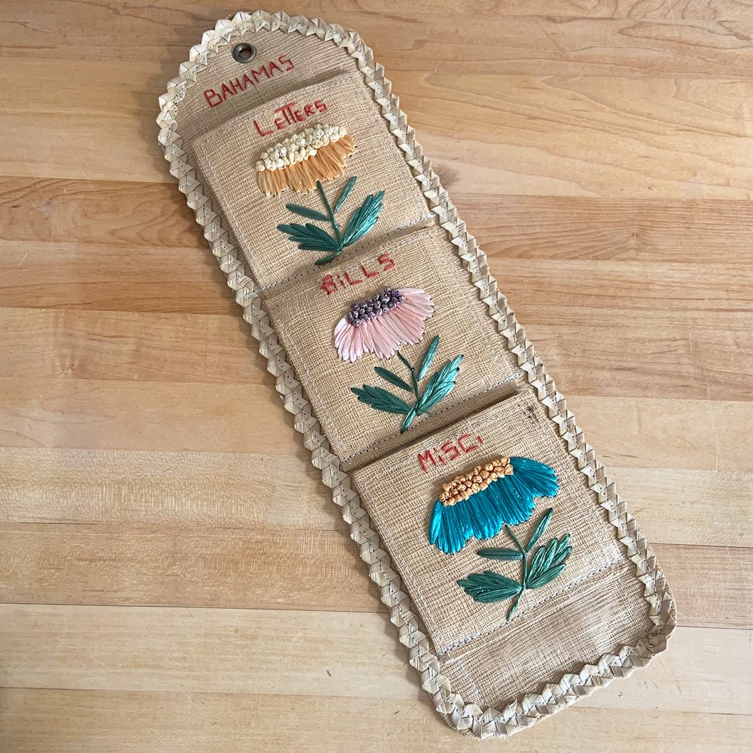 Vintage Woven Rattan Flowers Kitschy Wall Hanging Letter Bills Misc Organizer Housewares Home Decor Boho Bohemian Shabby Chic Cottage Farmhouse Victorian Mid-Century Modern Industrial Retro Flea Market Style Unique Sustainable Gift Antique Prop GTA Eds Mercantile Hamilton Freelton Toronto Canada shop store community seller reseller vendor