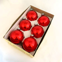 Load image into Gallery viewer, Boxed set of vintage red glass ball Christmas ornaments. Produced by Holly Decorations Inc. USA circa 1970/80s  In good vintage condition.  Measures 2-1/2&quot;
