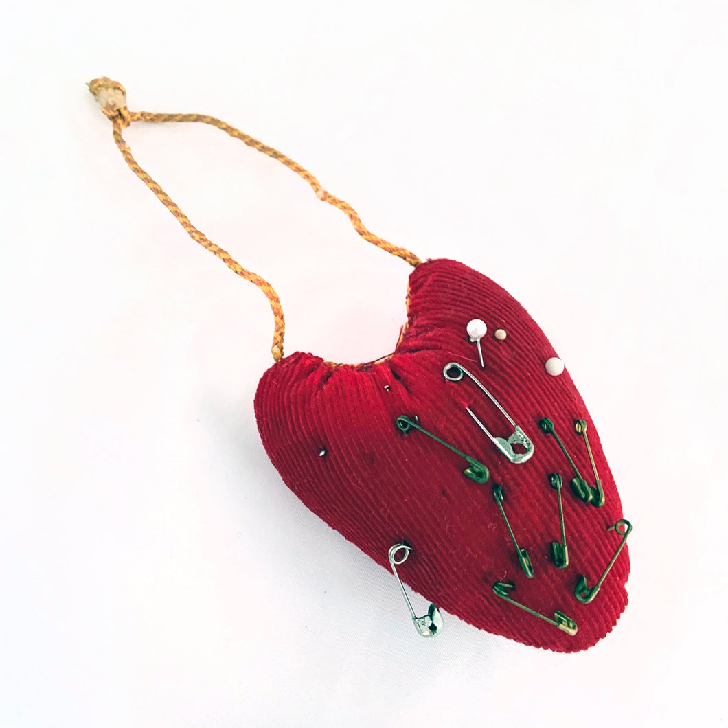 Vintage Handmade Red Heart-Shaped Corduroy Pin Cushion w/ Hanger