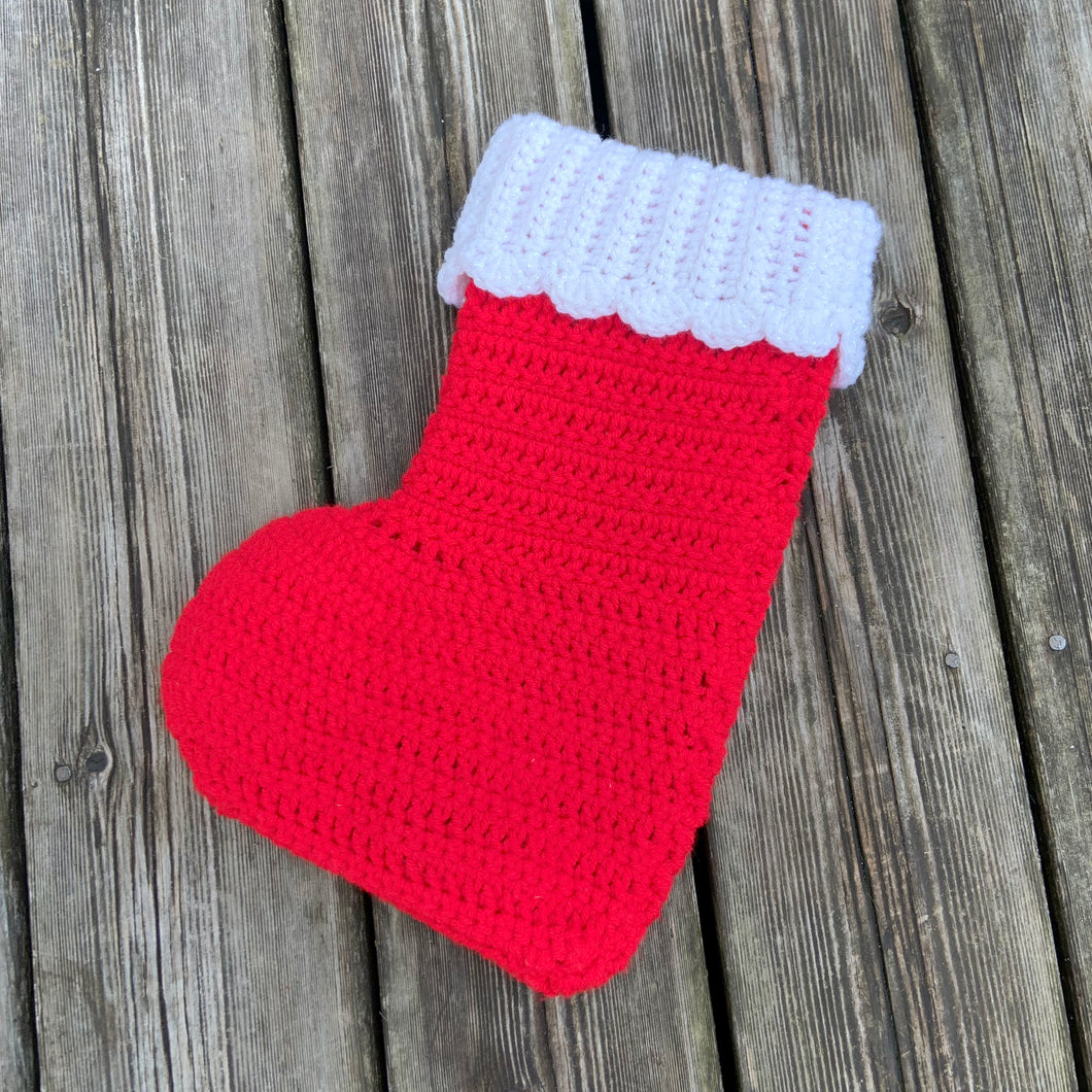 Sweet vintage handmade crocheted Christmas stocking in red and topped with a sparkly white band. Perfect for the wee ones!  In excellent condition.  Measures 9