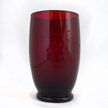 Load image into Gallery viewer, Vintage &quot;Roly Poly Royal Ruby&quot; tumbler glass cut with a grape and leaf spray pattern. Anchor Hocking, circa 1950s.  In excellent condition, free from chips and cracks.  Measures 2-3/4 x 4-5/8 inches  Capacity 12 ounces JacksDaughterVintage Etsy
