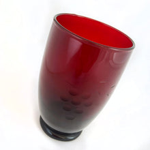 Load image into Gallery viewer, Vintage &quot;Roly Poly Royal Ruby&quot; tumbler glass cut with a grape and leaf spray pattern. Anchor Hocking, circa 1950s.  In excellent condition, free from chips and cracks.  Measures 2-3/4 x 4-5/8 inches  Capacity 12 ounces JacksDaughterVintage Etsy
