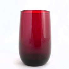Load image into Gallery viewer, A great vintage set of six mid-century modern 5 ounce &quot;Roly Poly Royal Ruby&quot; flat juice glasses. Produced by the Anchor Hocking Glass Company, between 1950 and 1965.  In excellent condition, no chips or cracks.  Measures 2 x 3 1/2 inches  Capacity 5 ounces

