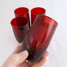 Load image into Gallery viewer, A great vintage mid-century modern set of four 9oz &quot;Roly Poly Royal Ruby&quot; flat juice glasses with an etched tulip design. Produced by the Anchor Hocking Glass Co., between 1950 and 1965.  In excellent condition, no chips or cracks.  Measures 2-1/2 x 4-1/4 inches  Capacity 9 ounces JacksDaughterVintage Etsy
