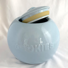 Load image into Gallery viewer, Vintage art deco style light blue round ball-shaped cookie  lidded ceramic cookie jar. Although unmarked, we believe this piece was produced by Manning-Bowman, circa 1930/40.  In excellent condition, no chips or cracks.  Measures approximately 8 inches in diameter.
