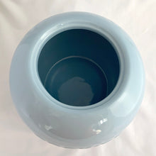 Load image into Gallery viewer, Vintage art deco style light blue round ball-shaped cookie  lidded ceramic cookie jar. Although unmarked, we believe this piece was produced by Manning-Bowman, circa 1930/40.  In excellent condition, no chips or cracks.  Measures approximately 8 inches in diameter.
