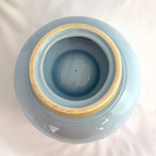Load image into Gallery viewer, Vintage art deco style light blue round ball-shaped cookie  lidded ceramic cookie jar. Although unmarked, we believe this piece was produced by Manning-Bowman, circa 1930/40.  In excellent condition, no chips or cracks.  Measures approximately 8 inches in diameter.
