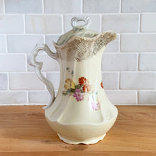 Load image into Gallery viewer, Beautiful vintage white porcelain coffee pot, over glazed in yellow with pink, red and purple flowers and detailed transferred gold pattern. Marked 502/7461 ROYAL SAXE E.S. GERMANY.  In good used vintage condition, chip to the underside of spout, no cracks and some loss of the gold on the lid.  Dimensions: 5&quot; x 8&quot;   
