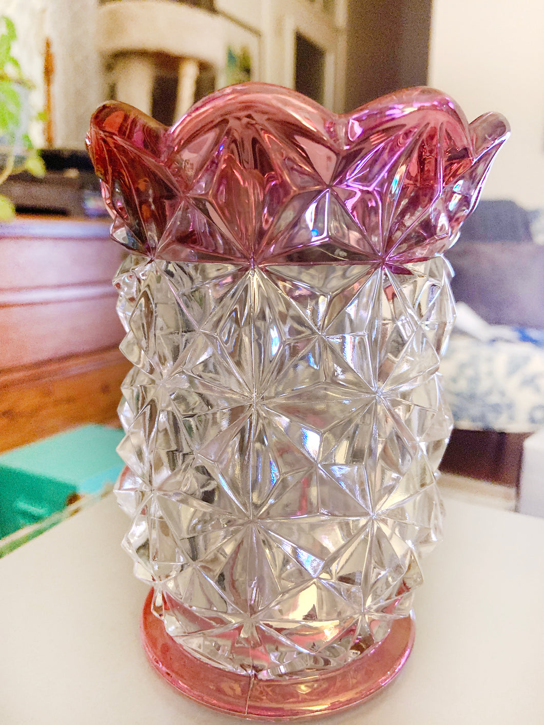 Vintage Ruby Flash Trim Pressed Glass Vase Star Pattern Scalloped Edge, USA Mothers Day Birthday Anniversary Shabby Chic Sparkly Cut Crystal Flea Market Style Flower Floral Bouquet Arrangement Sean Patty George Unique Housewarming Gift Special Occasion Toronto Canada Hamilton Freelton Antique Mall Community Store Shop Seller Reseller Vendor Pink