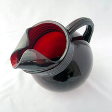 Load image into Gallery viewer, A super cool &quot;Roly Poly Royal Ruby&quot; glass pitcher with ribbed collar and ice lip.   In good vintage condition, with no chips or cracks, some wear to the glass in one spot.  The pitcher measures 7&quot;
