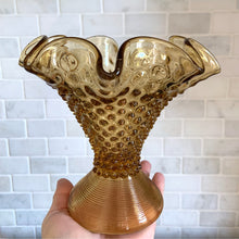 Load image into Gallery viewer, Lovely amber hobnail glass vase with ruffled edge and ribbed pedestal foot. Produced by the Fenton Art Glass, pre-1970. Use for a flower vase or makes a whimsical candy dish!  In excellent condition, free from chips or cracks. Unmarked.  Measures 6 1/2 x 6 1/4 inches

