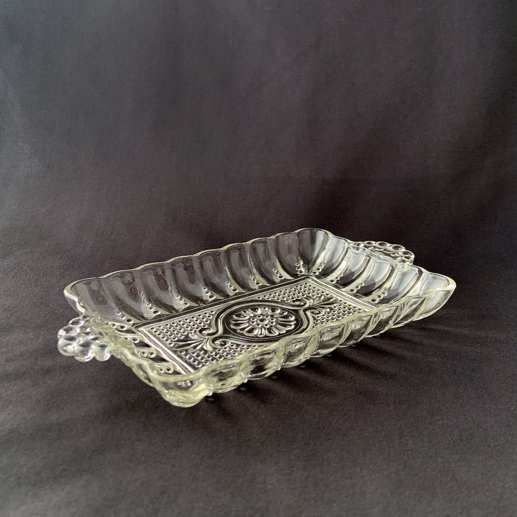Vintage Clear Pressed Glass Trays Centre Medallion Beaded Handles Cell Phone Candy Elegant Trinket Nut Catchall Dish tableware housewares glassware Home Decor Boho Bohemian Shabby Chic Cottage Farmhouse Mid-Century Modern Industrial Retro Flea Market Style Unique Sustainable Gift Antique Prop GTA Hamilton Toronto Canada shop store community seller reseller vendor Canadian Artisan Artisanal Etched Hand