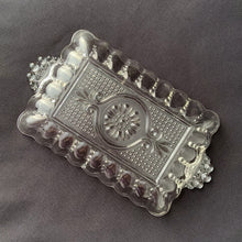 Load image into Gallery viewer, Vintage Clear Pressed Glass Trays Centre Medallion Beaded Handles Cell Phone Candy Elegant Trinket Nut Catchall Dish tableware housewares glassware Home Decor Boho Bohemian Shabby Chic Cottage Farmhouse Mid-Century Modern Industrial Retro Flea Market Style Unique Sustainable Gift Antique Prop GTA Hamilton Toronto Canada shop store community seller reseller vendor Canadian Artisan Artisanal Etched Hand
