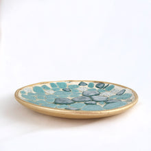 Load image into Gallery viewer, A lovely vintage mid-century mosaic tile dish in shades of blue abstract shape tiles. Perfect as wall art or a dish. A great retro decor piece from the 50s!   In excellent condition.  Measures 6&quot;
