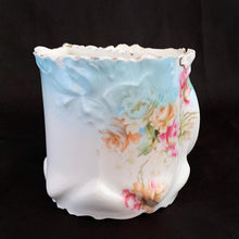 Load image into Gallery viewer, This vintage white porcelain shaving mug begs the question, &quot;who is the fairest of them all&quot; with it&#39;s unique round mirror edged in enamel or copper. The mug is hand painted with lovely pink and yellow roses and decorative edge with gold. Use as intended or repurpose as a toothbrush or make-up brush holder.  Stamped with maker&#39;s mark, &quot;Royal Coburg, Germany&quot;.  In used vintage condition, minor chips at the edge no cracks/repairs.   Measures 3 1/8 x 3 inches

