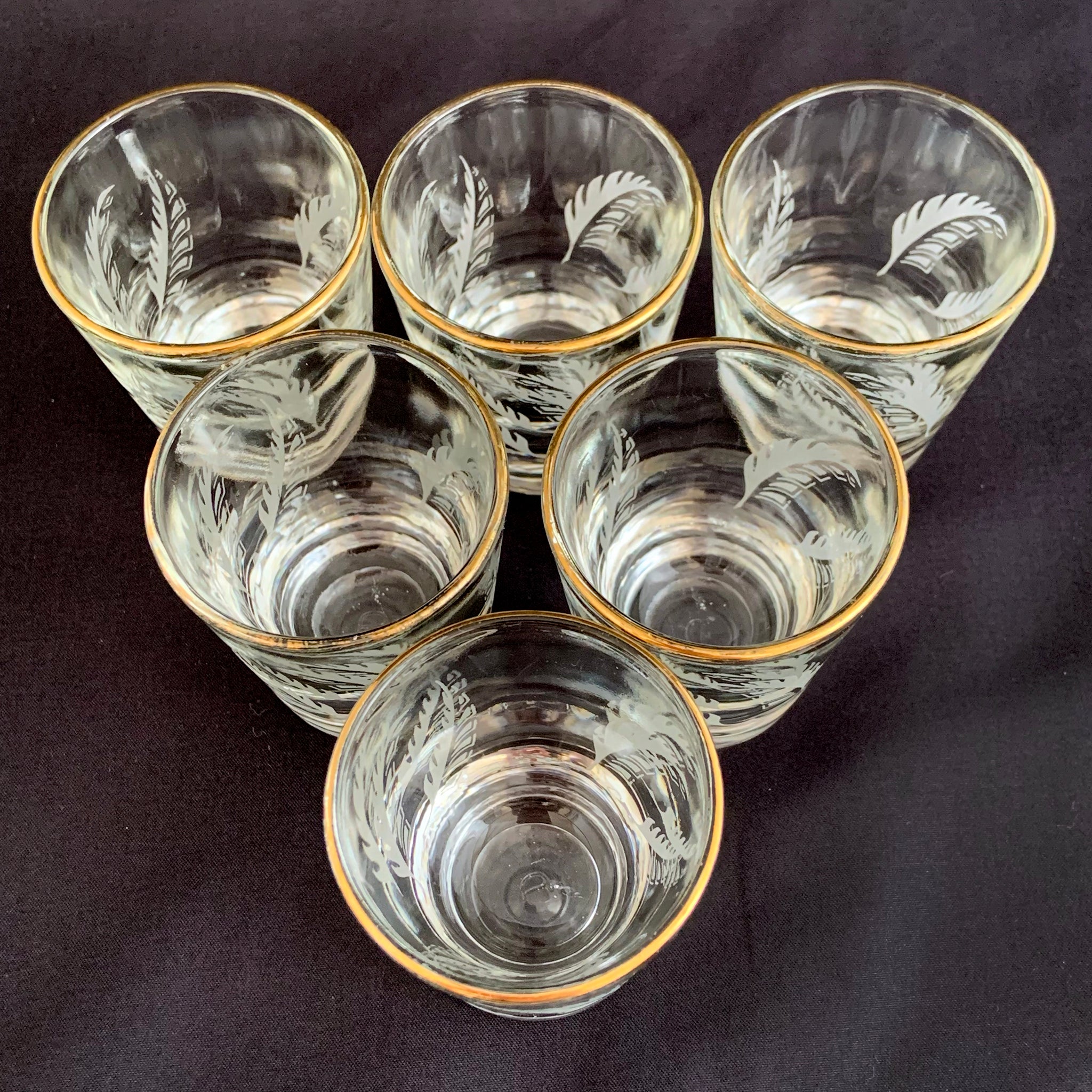 1960s gold rimmed glasses drinking Six Vintage Gold Rimmed Shot Glasses w/ Frosted Feather or Leaf – Jack's  Daughter of All Trades
