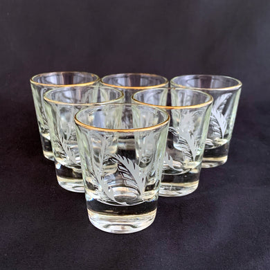 A great set of six vintage gold rimmed clear shot glasses with a frosted feather or leaf. 

In excellent condition, no chips.

Measures 1 1/2 x 2 inches

Capacity 1 ounce