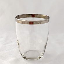 Load image into Gallery viewer, Vintage Mid-Century Modern Dorothy Thorpe Style Silver Banded Whiskey Lowball Cocktail Glasses Bar Cart Barscape Tableware Glassware Drinking Barware Roly Poly Unique Hostess Housewarming Gift Mad Men Hollywood Glam Glamour Glamorous Entertain Party Dinner Unique Housewarming Hostess Gift Freelton Hamilton Antique Mall Toronto Canada Store Shop Community Seller Reseller Vendor GTA
