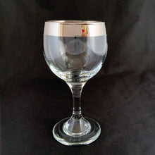 Load image into Gallery viewer, Vintage Dorothy Thorpe Style Silver Banded Wine Glass Glasses Home Decor Boho Bohemian Shabby Chic Cottage Farmhouse Victorian Mid-Century Modern Industrial Retro Flea Market Style Unique Sustainable Gift Antique Prop GTA Eds Mercantile Hamilton Freelton Toronto Canada shop store community seller reseller vendor Tableware Glassware Bar Barware Cart Mad Men Cocktail Happy Hour Party Frosted Game Entertain 1950s 1960s 
