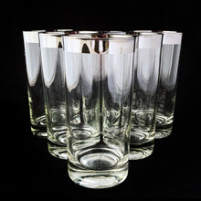 Load image into Gallery viewer, Vintage Dorothy Thorpe style silver banded wine glasses, set of six. Maker unknown, possibly Queen&#39;s Lustreware by Vitreon USA.  In excellent condition, no chips or cracks.  Measures 2-3/4&quot; x 5-1/2&quot;
