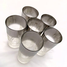 Load image into Gallery viewer, Vintage Mid Century Vintage Mid Century Silver Fade 10oz High Ball Cocktail Glasses, Six (6) 10 Ten oz Dorothy Thorpe High Ball Cocktail Glasses High Hi Ball Highball Cocktail Glass Bar Barware Cart Entertain Dinner Water Alcohol Liquor Drinking Drinks Party 1960s MCM Retro Flea Market Style shabby Chic Freelton Hamilton Antique Mall Toronto Canada Queens Lustre Shop Store Community
