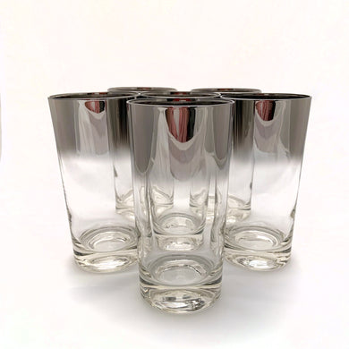 Vintage Mid Century Vintage Mid Century Silver Fade 10oz High Ball Cocktail Glasses, Six (6) 10 Ten oz Dorothy Thorpe High Ball Cocktail Glasses High Hi Ball Highball Cocktail Glass Bar Barware Cart Entertain Dinner Water Alcohol Liquor Drinking Drinks Party 1960s MCM Retro Flea Market Style shabby Chic Freelton Hamilton Antique Mall Toronto Canada Queens Lustre Shop Store Community