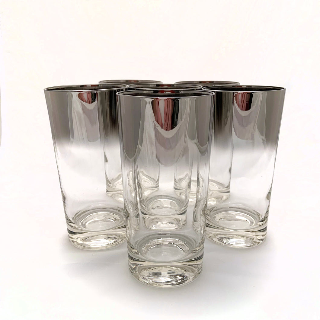 Vintage Mid Century Vintage Mid Century Silver Fade 10oz High Ball Cocktail Glasses, Six (6) 10 Ten oz Dorothy Thorpe High Ball Cocktail Glasses High Hi Ball Highball Cocktail Glass Bar Barware Cart Entertain Dinner Water Alcohol Liquor Drinking Drinks Party 1960s MCM Retro Flea Market Style shabby Chic Freelton Hamilton Antique Mall Toronto Canada Queens Lustre Shop Store Community