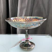 Load image into Gallery viewer, Vintage silver plated pedestal dish with lovely pierced detail giving the dish a doily-like effect and a heavy weighted stem and foot. We left this piece just as we found it. Polish as desired to a brilliant finish. The perfect piece to brighten up a vanity table to hold trinkets, in a powder room to display fancy soaps or in an entryway or on a side table filled with treats.  In good vintage condition. Marked EPNS.  4-3/4&quot; x 3-1/2&quot;
