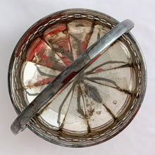 Load image into Gallery viewer, Beautiful vintage EPNS silver plated basket with pierced detail band on a rosette bottomed bowl with three feet and handle. Produced by JT &amp; Co., Sheffield England.  In good vintage as found condition. Marked on the bottom &quot;MADE IN ENGLAND, JT&amp;CO. EPNS 2017.   Measures 5-7/8&quot; x 2-1/4&quot; (5-1/2&quot; w/ handle upright)
